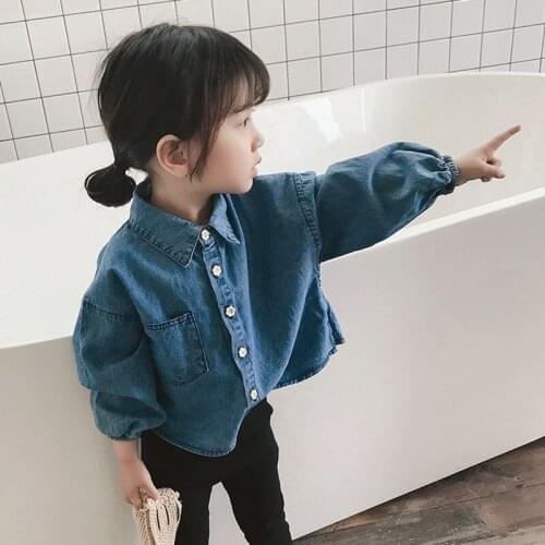 2 3 4 5 6 Year Toddler Girls Shirts Bow Casual Top Denim Shirt Blouses Long Sleeves Shirts for Girls Spring Autumn Kids Clothing