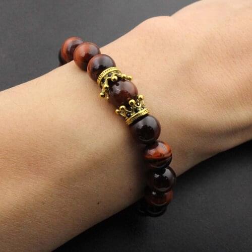 Never Fade 316l Stainless Steel Gold Crowns Charm Bead Bracelet Natural Stone 10mm Bead Stretch Bracelet for Men Women