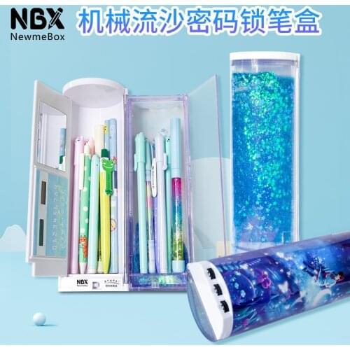 Kawaii Unicorn Quicksand Sequins Password Pencil Case Mirror Solar Calculator Erasable Pen Boxes School Supplies Stationery Gift