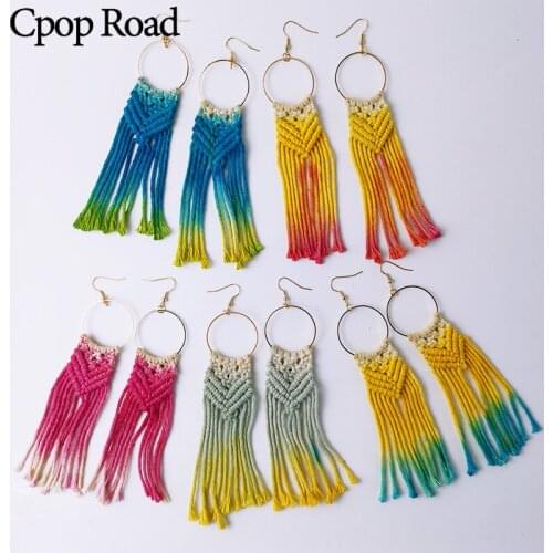 Cpop Colorful Cotton Thread Weave Macrame Earrings Geometric Hollow Circle Long Tassel Pendant Earring Women Accessories Jewelry