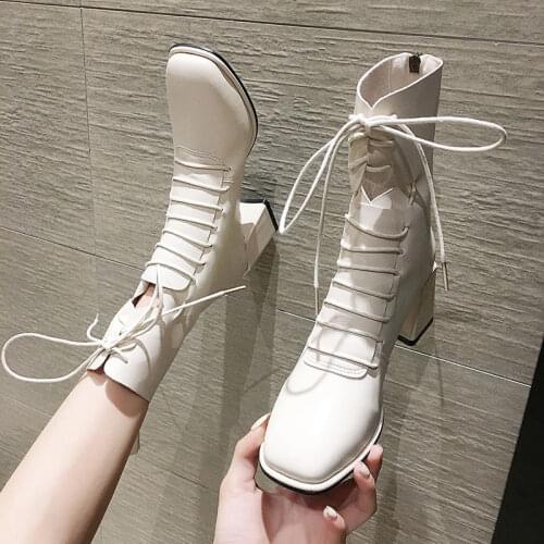 Spring Women White Boots Autumn Fashion Black Leather Platform Gothic Boots Punk Combat Mid-Calf Boots for Women56gh