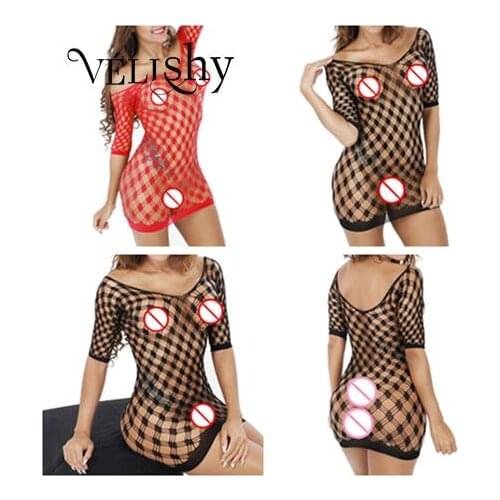 Erotic Lingerie Sex Elastic Sexy Lingerie Hot Mesh Babydoll Dress For Women Costumes Strapless Shoulder Hollow Out Fishnet Dress