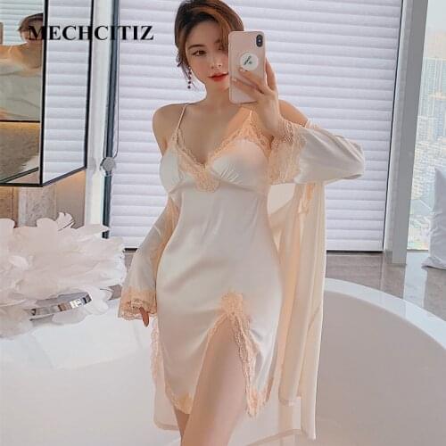 MEHCITIZ 2 Pieces Womens Robe Sets Spring Summer Sexy Princess Pyjamas Lace Gowns Silk Sleepwear Night Dress Home Wear Bathrobe