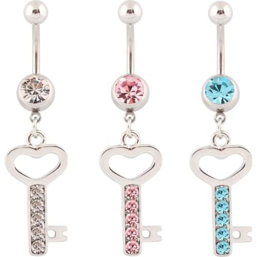 Belly button rings Key dangle heart fashion lock opener body piercing body jewelry Wholesale 14G Surgical Steel bar