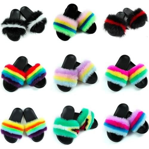 Fur Slides Women Fur Slippers Furry Fox Fur flip flops women zapatillas de mujer Cute Fluffy Sandals Real Raccoon Rainbow Shoes