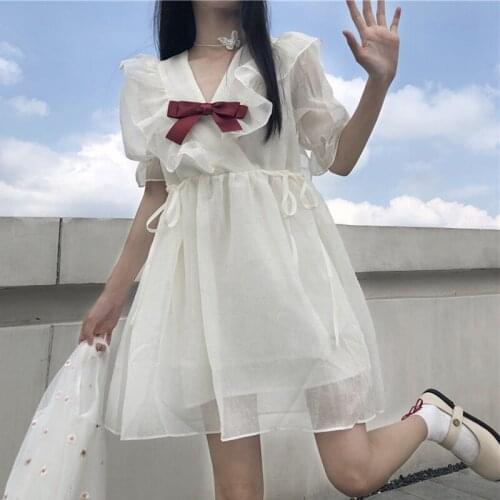 Sweet Girls Dress Waist Hugging Slim Puff Sleeve Full Body Dress Fairy 2020 New Summer lolita dress tea party