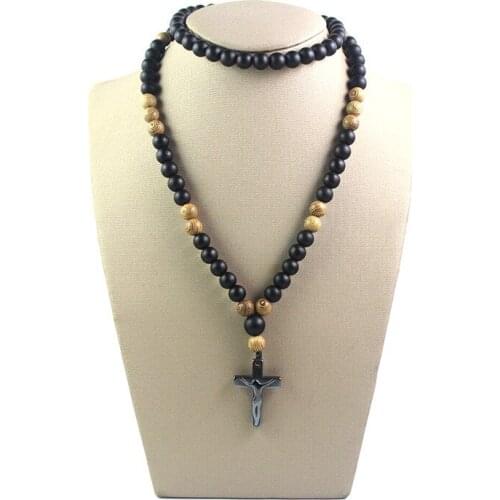 Fashion Cross Pendant Wood Beaded Black Gallstone Necklaces for Men Woman Wooden Religious Male Jewelry