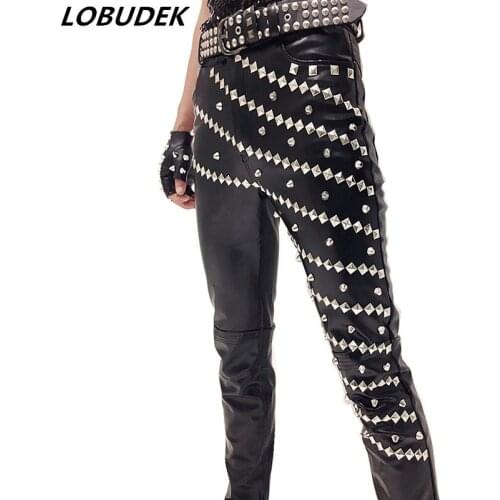 Personality Tide Male Black Rivet Leather Pants Rock Band Singers Performance Costume Bar Punk Dancer Stage Wear Slim Trousers