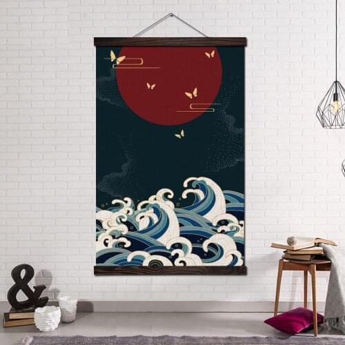 Wall Art Canvas Painting Framed Posters and Prints Home Decoration Wall Pictures for Bedroom Chinese Wind Wave Moon Landscape