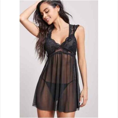 Nightwear Underwear Ladies Fashion See Through Mesh Sheer Vestido Sleepwear Dress Sexy Women Lace V-neck Spliced Dress