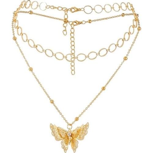 New Hot Sale Fashion Butterfly Pendant Necklace Alloy Double-Layer Clavicle Chain Butterfly Dangle Necklace Female Jewelry Gift