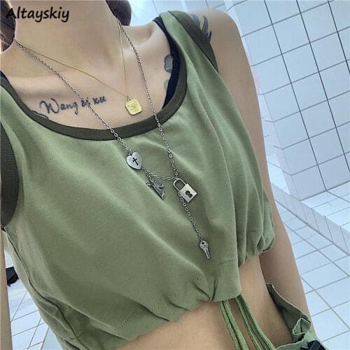 Solid Tanks Women Drawstring Korean Style Chic Trendy Popular Leisure BF Streetwear Summer Female Crop Top Slim Ulzzang Casual