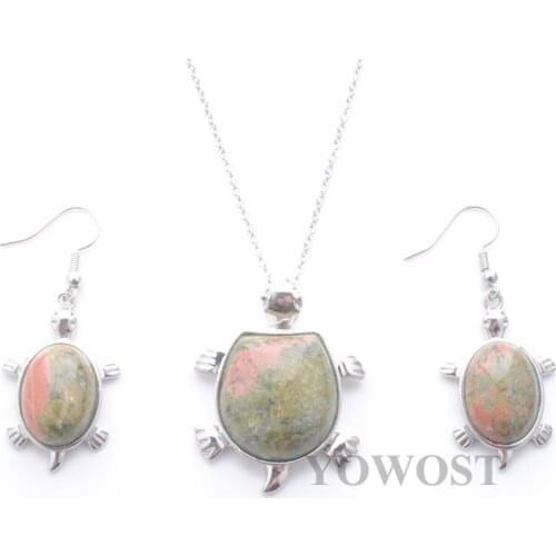 Popular fashion Women’s Jewelry Set Dangle Earrings Necklace Stone Unakite Jaspers Cute Tortoise Animal Shape Chain 18" QQ3104
