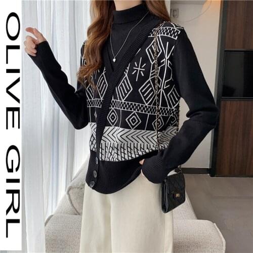 Pullovers Turtleneck Sweaters Sueter Mujer Invierno Fake Two Womens Spring Autumn Vintage Fashion Versatile Long Sleeve Tops