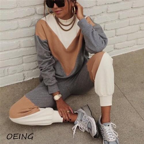 Womens Fit Sweat Suits Two Piece Patchwork Fashion Tracksuit Long Sleeve Sport Jogging Sets