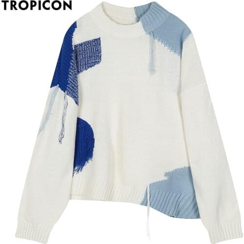 TROPICON Japanese Fashion Women Sweater Pullover White Loose Knitted Jumper Color Block Sweater Winter Fashion 2020