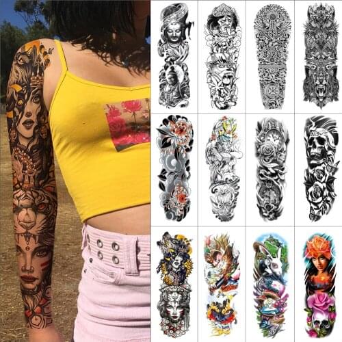 Temporary waterproof full arm tattoo sticker Fish skulls flowers Tiger dragon Full arm art fake tattoos for men women arm thigh