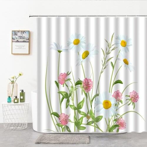 Flower Plant Shower Curtain Fabric Floral Daisy Safflower Green Leaves Home Bathroom Decorative Curtains With Hook Bath Supplies