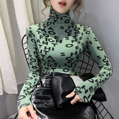 Large size half-height collar letter t-shirt womens long sleeve slim autumn and winter Joker slim bottoming shirt top