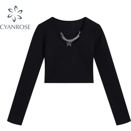 Gothic Punk Chain Long Sleeve Crop Bodycon Tees Or Tops Women Long Sleeve Black Fashion Skinny T Shirt Goth Party Club Female