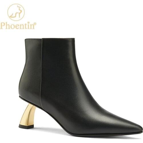Phoentin Metal high heel boots women genuine leather ankle booties 2020 winter new lady elegant pointed toe zipper shoes FT1155