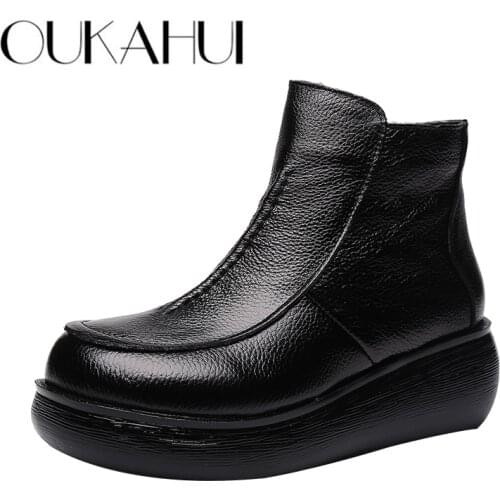 OUKAHUI Autumn Winter Genuine Leather Black Flat Platform Women Boots Warm Slip-On Round Toe Zip Thick Bottom Ladies Short Boots