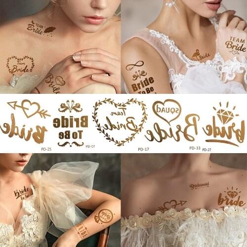 10pcs Golden Bride Wedding Temporary Tattoos Metallic Armband Glass Tattoo Bacheelorette Party Marrige Arrow Love Tatoos Supplie