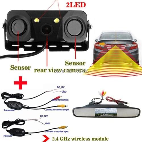 Wireless 2 LED Night vision Waterproof Car Rear View Camera Backup Camera With Parking Sensor +Car rear Mirror Monitor