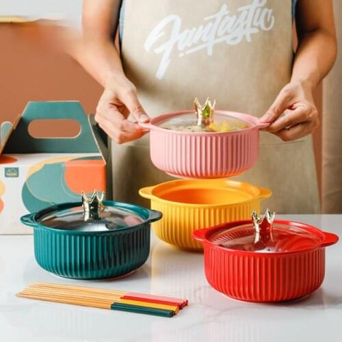 Crown binaural instant noodle bowl net red glazed ceramic bowl with lid soup bowl tableware gift box set for one person