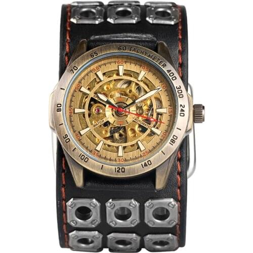 Mens Waterproof Automatic-self-winding Wrist Watches Punk Automatic Mechanical Skeleton Leather Band Cool Tough Style