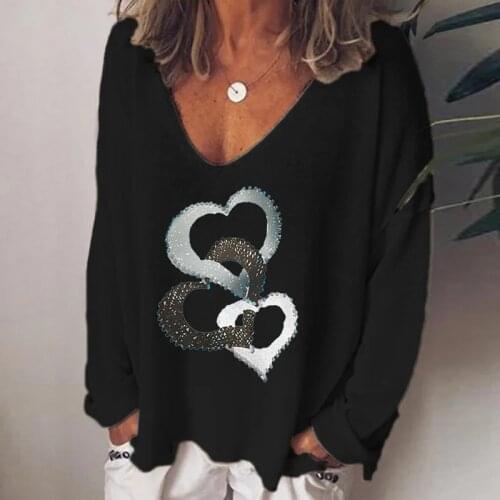 Womens V-neck Long-Sleeve Oversize T-shirt Creative Love Print Tees Tops Spring Autumn Casual Loose Shirt Valentines Day 2021