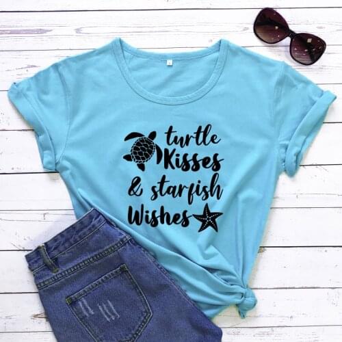 Turtle Kisses & Starfish Wishes T-shirt Funny Summer Vacation Gift Tshirt Cute Women Short Sleeve Graphic Beach Top Tee Shirt