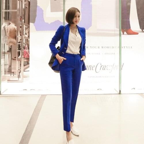 Suit womens suit blue long-sleeved OL professional temperament elegant suit jacket + feet pants suit 2018 autumn and winter new