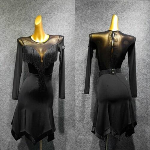 Latin Dance Dress Long Sleeve Net Yarn See Through Sukienka Fredzle Tassel Dress Ballroom Dance Women Fringed Dresses