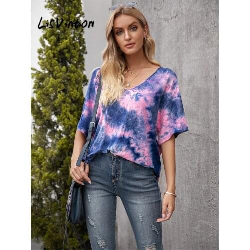 Summer Fashion Shirt Tie Dye T Shirt Women Loose Tops Base V-neck Female Tee T-Shirt