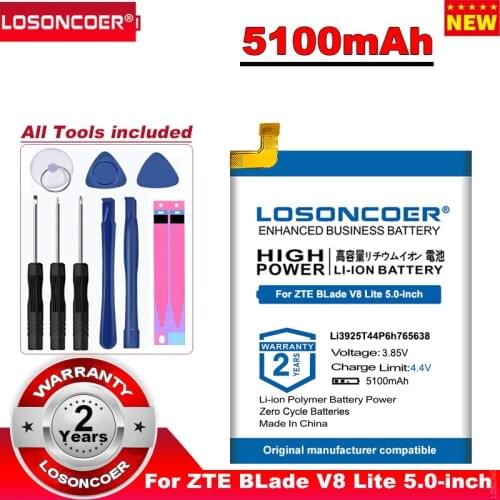 LOSONCOER 5100mAh li3925t44p6h765638 Battery for ZTE BLade V8 Lite 5.0 inch High Quality Replacement Accumulator