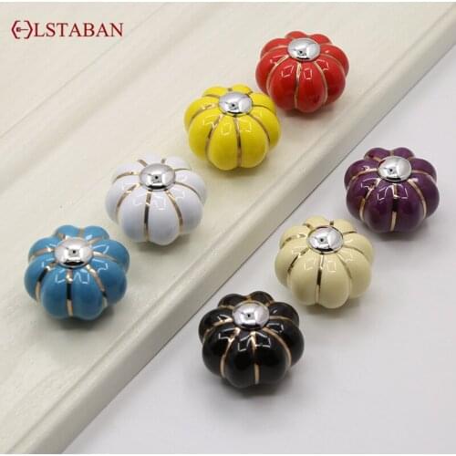LSTABAN Creative Art Color Gold and Silver Pumpkin Cartoon Ceramic Round Single Hole Door Handle Drawer Cabinet Wardrobe Handle
