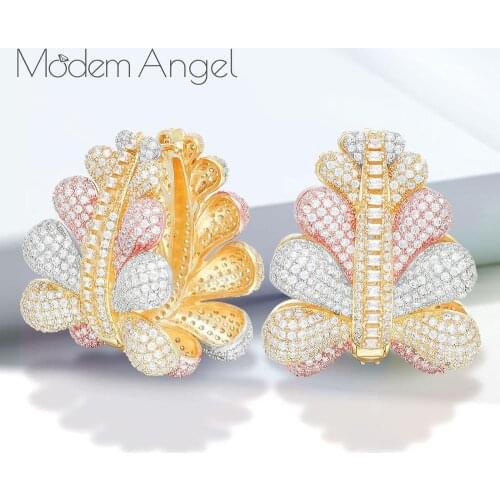 ModemAngel leaves BIG Luxury Flower Geometric CZ Cubic Zircon Copper Nigeria Earrings for Women Wedding Earrings moda