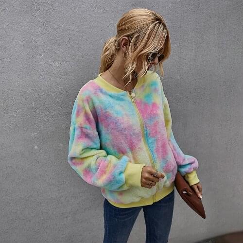 Fashion Womens Jacket 2020 Winter Contrast Color Tie-dye Long-sleeved Plush Jacket Women Slim-fit Cardigan Zipper Ladies Blouse