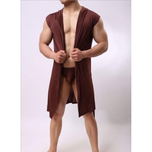 Men Summer Dress Bath Robe Casual Sleeveless Hooded Pajamas Solid Color Sleepwear Fashion Nightgown Robe Bathrobe Polyester
