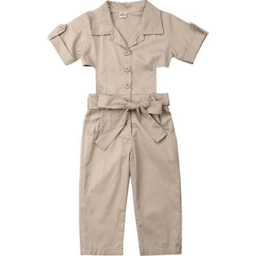 2-7T Toddler Baby Kid Girl England Style Jumpsuit Kids Summer Short Sleeve Show waist Overalls Trousers Casual Loose Jumpsuit
