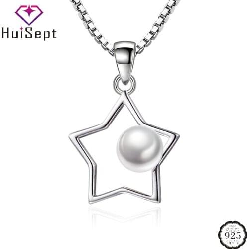 HuiSept Trendy 925 Silver Jewelry Necklace for Women Pearl Gemstone Five-pointed Star Shape Pendant Wedding Party Gift Wholesale