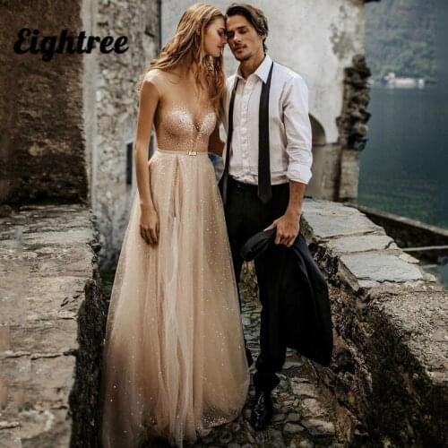 Eightree Sexy Wedding Dresses V Neck Glitter Sequins Bridal Dress Tulle High Split A-Line Backless Beach Wedding Gowns Plus Size
