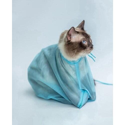 Mesh Pet Cat Grooming Restraint Bag For Bath Washing Nails Cutting Cleaning Bags Blue