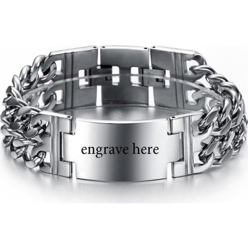 Wide Wristband Chain Bracelets Men Boy Punk Stainless Steel Personalized Engraved Name ID Unique Bracelets Bangle for Male