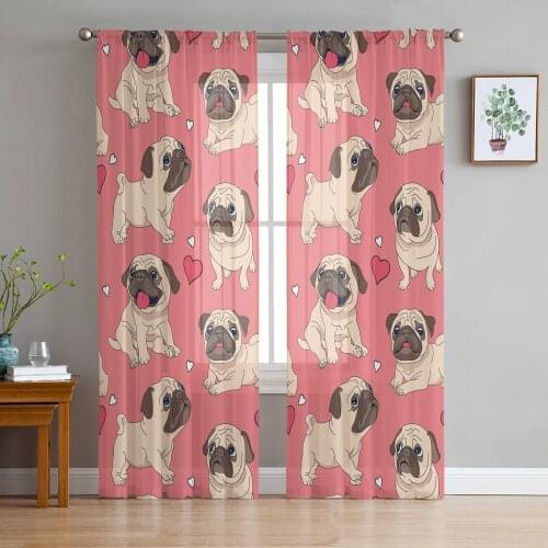 Animal Pink Pug Love Pets Dog Tulle Window Treatment Sheer Curtains for Kitchen Living Room the Bedroom Curtains Decoration