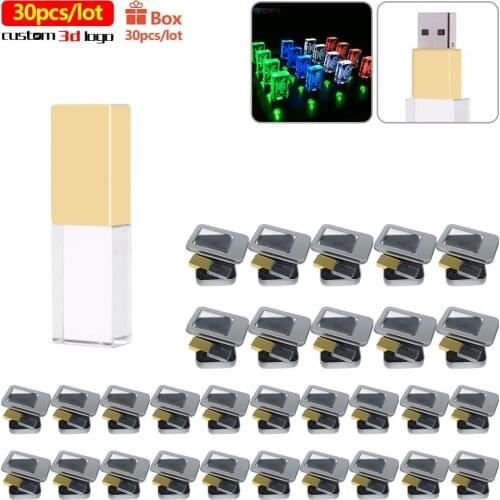 30pcs/lot crystal transparent glass LED USB Flash Pen Drive free Logo cle USB 2.0 4GB 16GB 32GB 64GB business gift pendrive