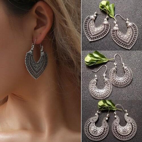 Vintage Round Circle Drop Dangle Earrings for Women Girl Tribal Carved Piercing Earring Statement Jewelry