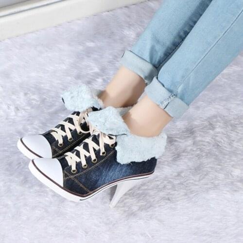 New Woman Wool inside Winter Denim Cloth Ankle Boots Girls Winter Spike High Heels Lace up Cowboy Boots Shoes