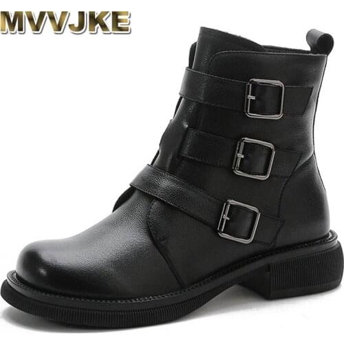 MVVJKE autumn and winter new leather women boots retro mid-tube knight boots womens belt buckle side zipper cowhide boots